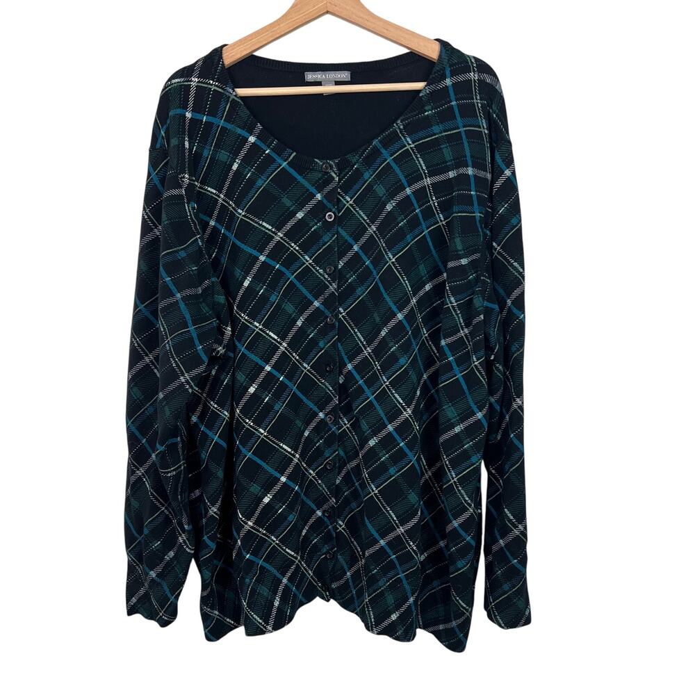 Jessica London Women's Size 30/32 Black Plaid Button Front Cardigan Sweater